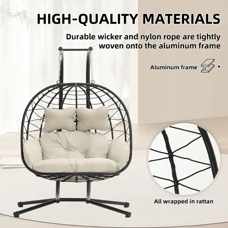 RIWENGO Silla Colgante Doble tipo Huevo con Cojín, Capacidad de 700 lbs — Silla Plegable para Patio con Mimbre de PE Tejido a Mano y Estructura Antioxidante; Columpio de Descanso Suave para Jardín, Porche o Patio Trasero