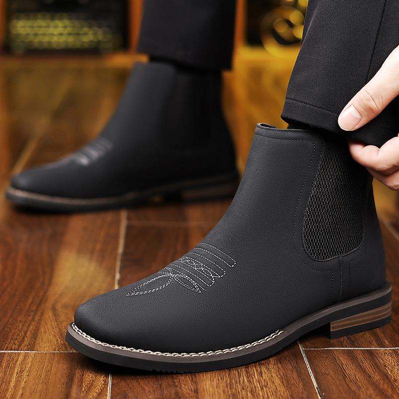 Men's Western Cowboy Boots Square-Toe Chelsea Ankle Boots Work Boots Casual Vintage Fashionable Classic Comfortable Versatile Available in Khaki and Black Outdoor Casual Closed-Toe Style