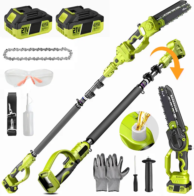 Mini motosierra 2 en 1 con 2 baterías de 21 V, podadora eléctrica sin escobillas de 20 cm, sierra de podar telescópica, altura de trabajo de hasta 4,5 m, cabezal inclinado de 180° y correa para el hombro.