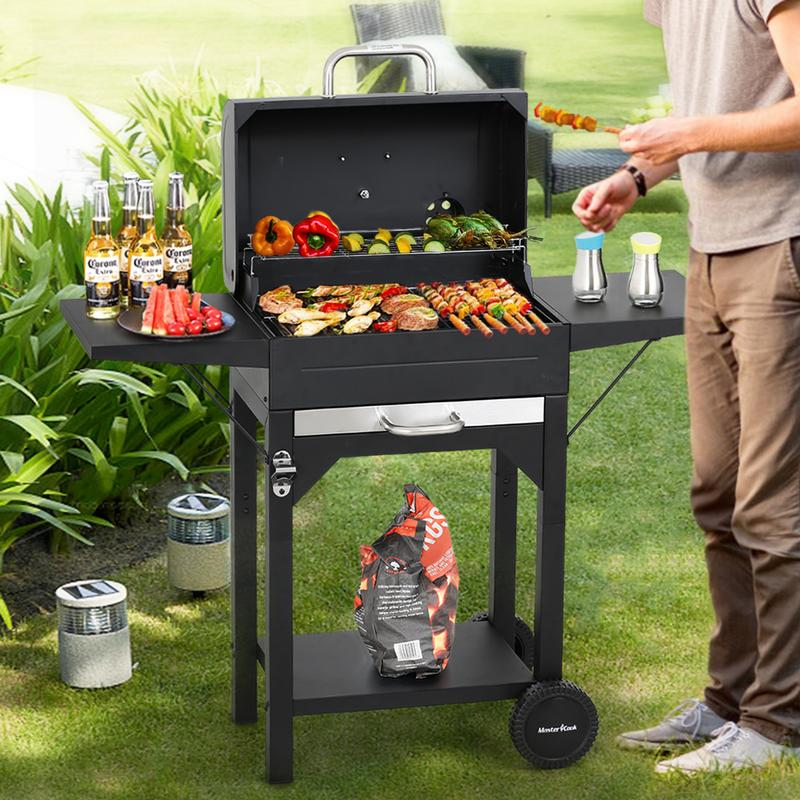 Parrilla de carbón con dos mesas laterales, área de cocción de 332 pulgadas cuadradas; ahumador y barbacoa para exteriores, ideal para camping, patios, jardines, fiestas y picnics (Negro).