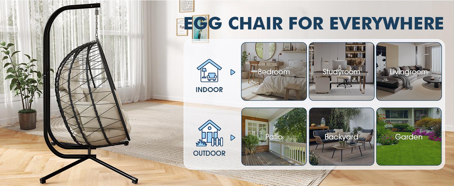 RIWENGO Double Hanging Egg Chair with Cushion, 700lbs Capacity - Foldable Patio Chair with Handwoven PE Wicker & Rust-Proof Frame, for Garden, Porch, Backyard Soft Lounge Swing