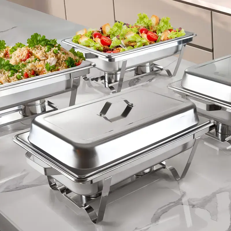Juego de 4 Calentadores de Comida (Chafing Dishes) de 9 Cuartos para Buffet — Sets Rectangulares de Acero Inoxidable con Tapas, Bandejas para Alimentos, Bandeja de Agua y Soportes para Combustible — Ideal para Restaurantes, Catering, Fiestas y Bodas