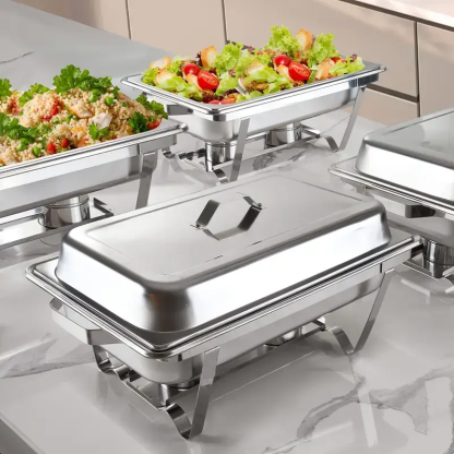 Juego de 4 Calentadores de Comida (Chafing Dishes) de 9 Cuartos para Buffet — Sets Rectangulares de Acero Inoxidable con Tapas, Bandejas para Alimentos, Bandeja de Agua y Soportes para Combustible — Ideal para Restaurantes, Catering, Fiestas y Bodas