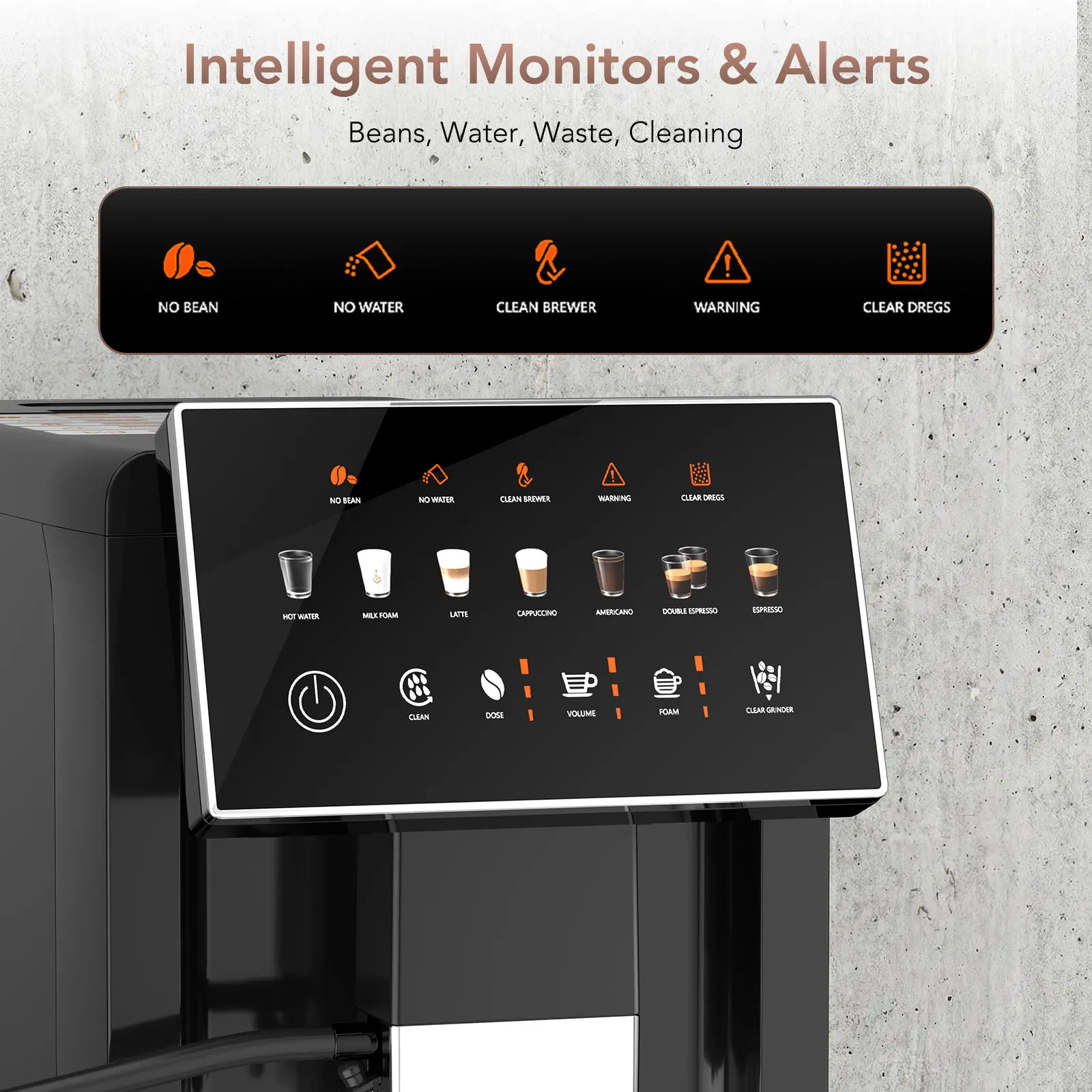 Cafetera con pantalla táctil y espumador de leche automático, cafetera espresso inteligente «todo en uno» para Cappuccino y Latte, con molinillo cónico integrado y recordatorio inteligente, unidad de preparación y depósito de agua extraíbles.