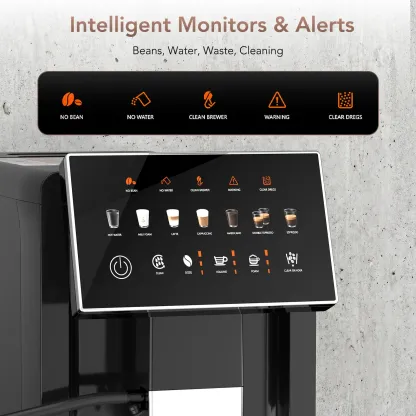 Cafetera con pantalla táctil y espumador de leche automático, cafetera espresso inteligente «todo en uno» para Cappuccino y Latte, con molinillo cónico integrado y recordatorio inteligente, unidad de preparación y depósito de agua extraíbles.