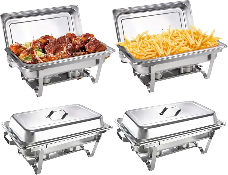 Juego de 4 Calentadores de Comida (Chafing Dishes) de 9 Cuartos para Buffet — Sets Rectangulares de Acero Inoxidable con Tapas, Bandejas para Alimentos, Bandeja de Agua y Soportes para Combustible — Ideal para Restaurantes, Catering, Fiestas y Bodas
