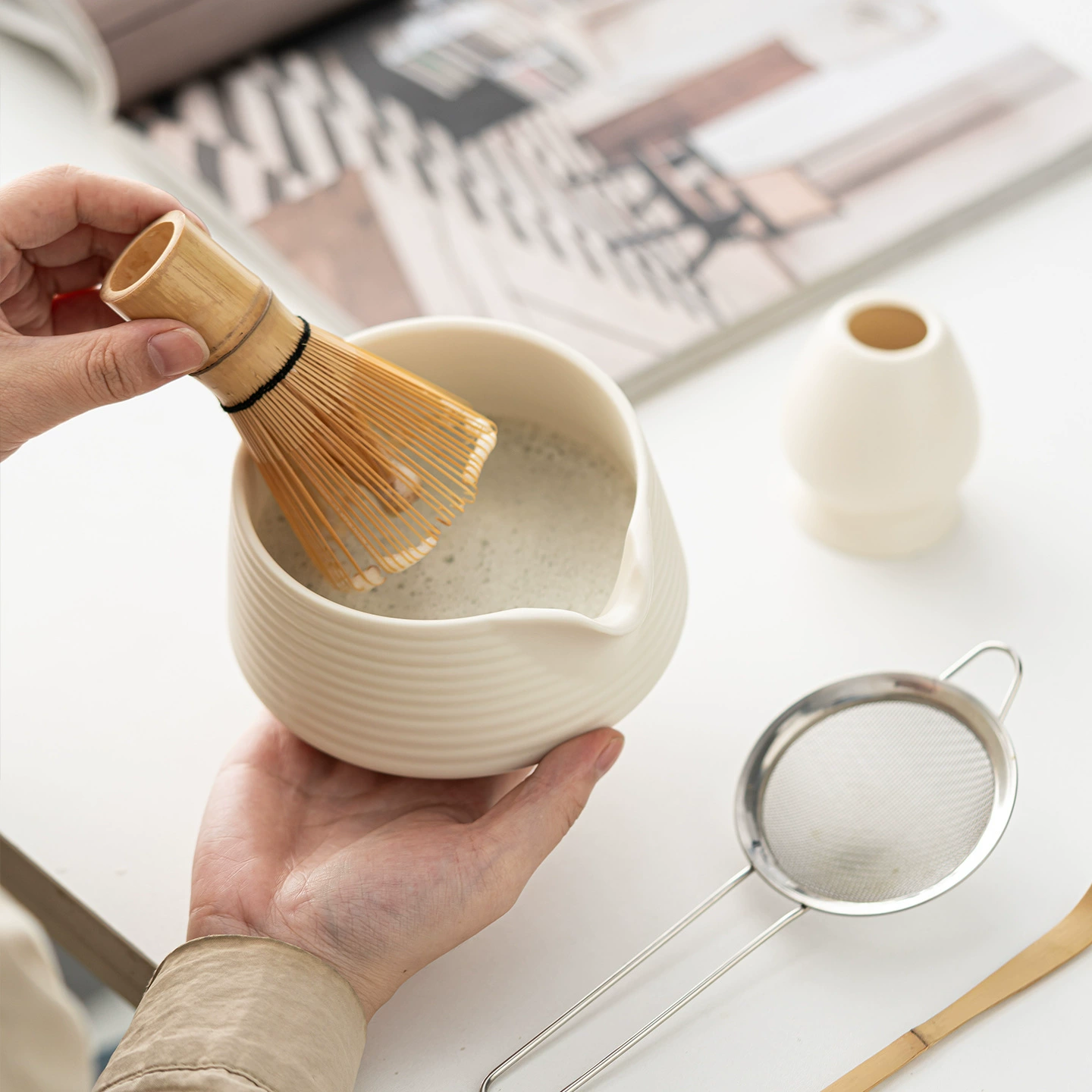 Ceramic Matcha Bowl with Spout, Matcha Brush, Tea Whisk, and Matcha Bowl Set