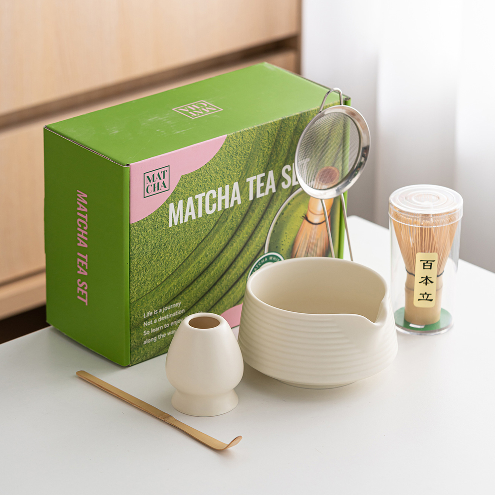 Ceramic Matcha Bowl with Spout, Matcha Brush, Tea Whisk, and Matcha Bowl Set