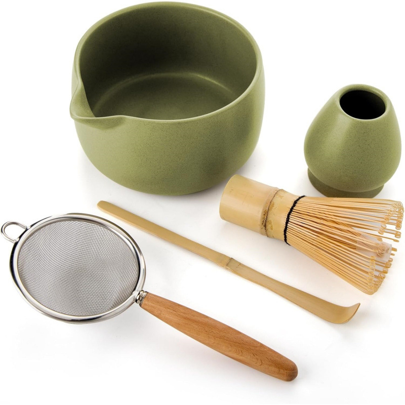 Matte Green Ceramic Matcha Whisk Stand & Traditional Japanese Tea Tool, Green Gift Box Set