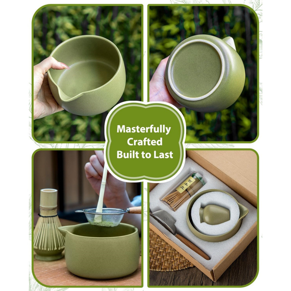 Matte Green Ceramic Matcha Whisk Stand & Traditional Japanese Tea Tool, Green Gift Box Set