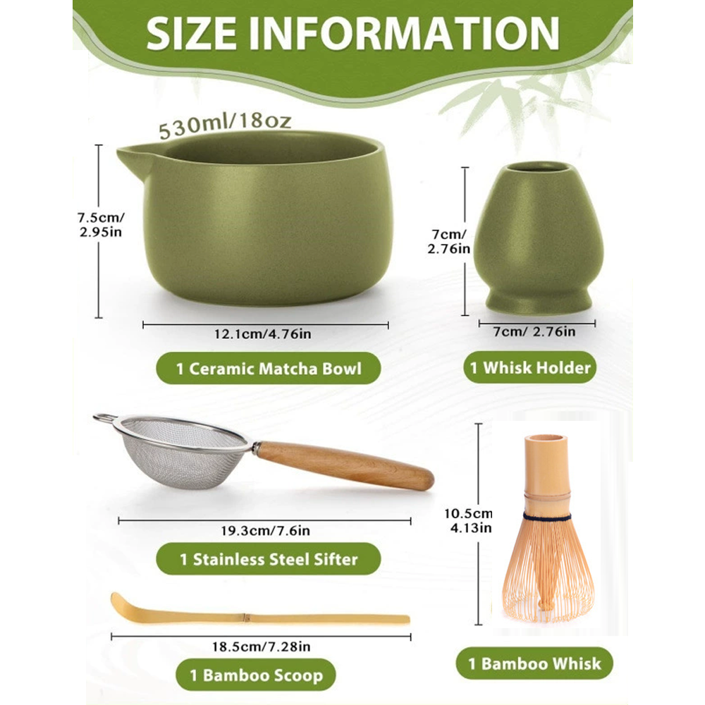 Matte Green Ceramic Matcha Whisk Stand & Traditional Japanese Tea Tool, Green Gift Box Set