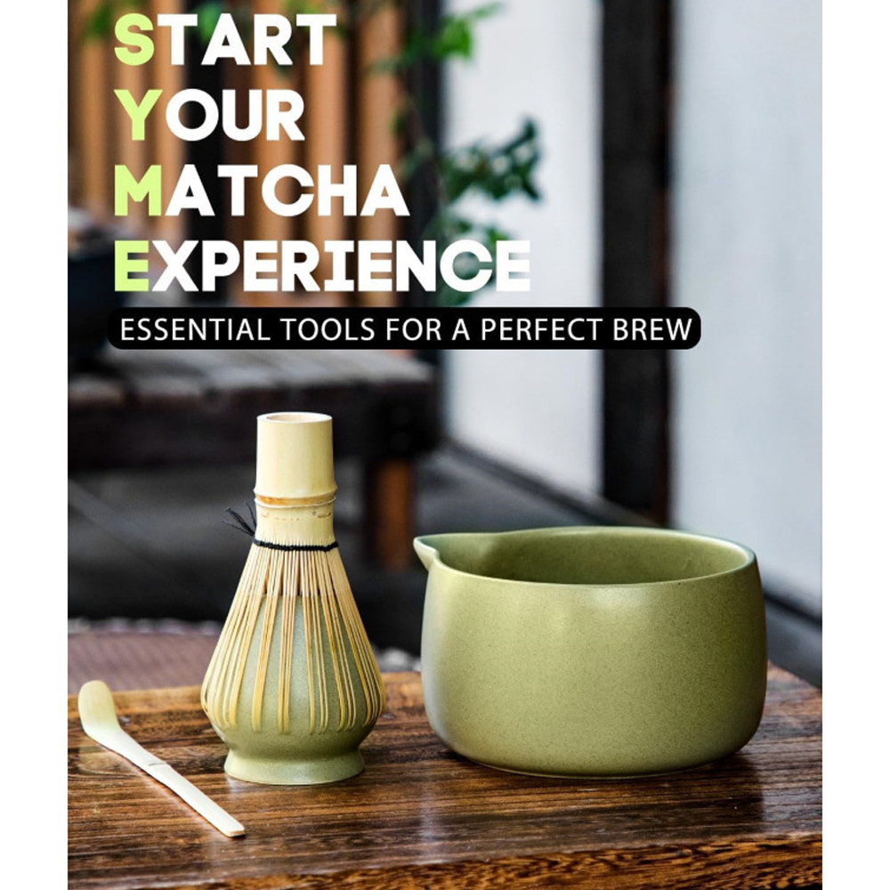 Matte Green Ceramic Matcha Whisk Stand & Traditional Japanese Tea Tool, Green Gift Box Set