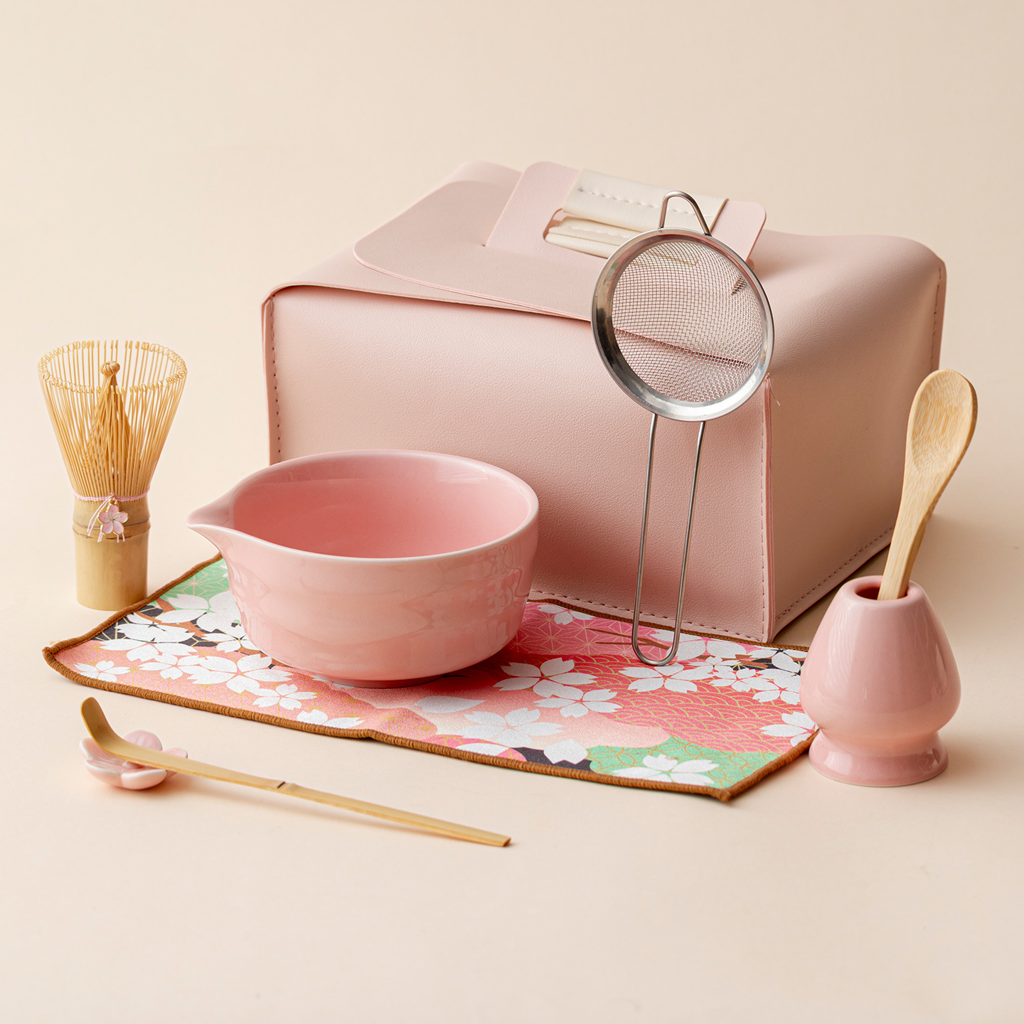 Pink Gradient & Sakura Ceramic Matcha Bowls - 4 to 8 Piece Sets in Elegant Leather Cases
