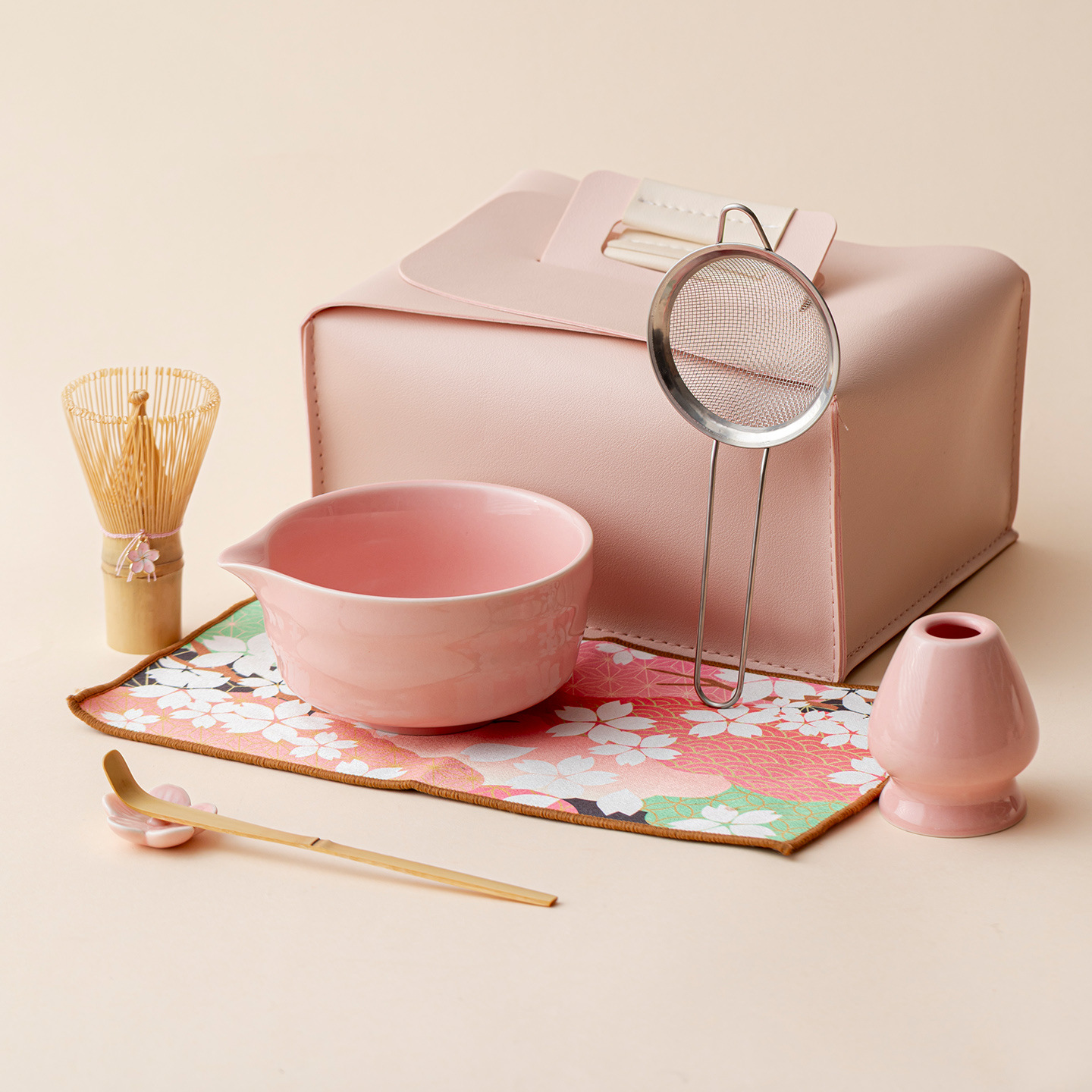 Pink Gradient & Sakura Ceramic Matcha Bowls - 4 to 8 Piece Sets in Elegant Leather Cases