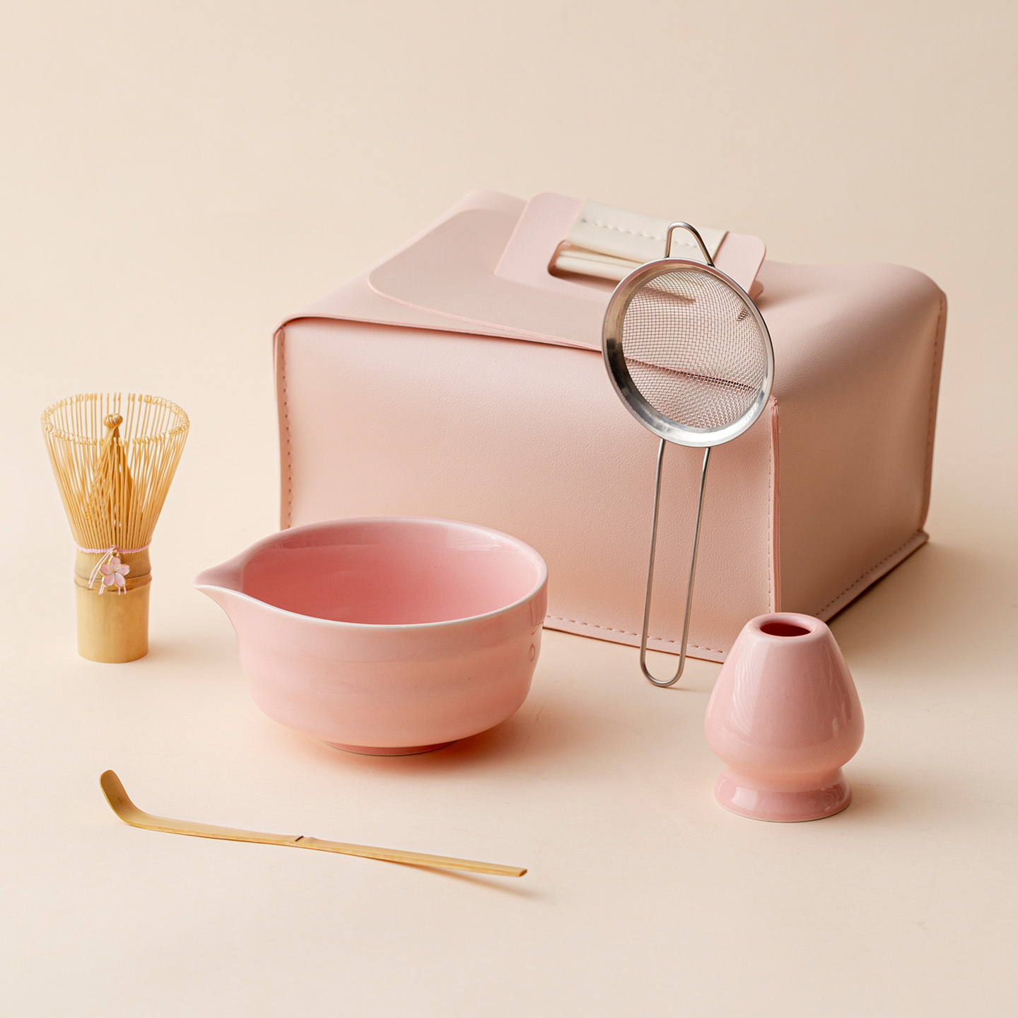 Pink Gradient & Sakura Ceramic Matcha Bowls - 4 to 8 Piece Sets in Elegant Leather Cases