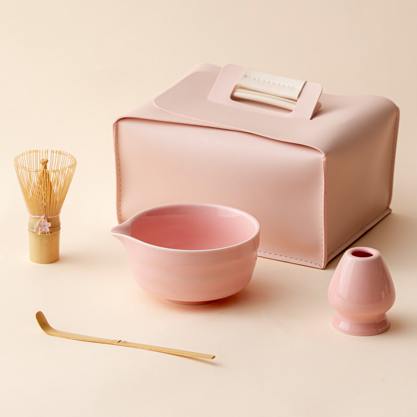 Pink Gradient & Sakura Ceramic Matcha Bowls - 4 to 8 Piece Sets in Elegant Leather Cases
