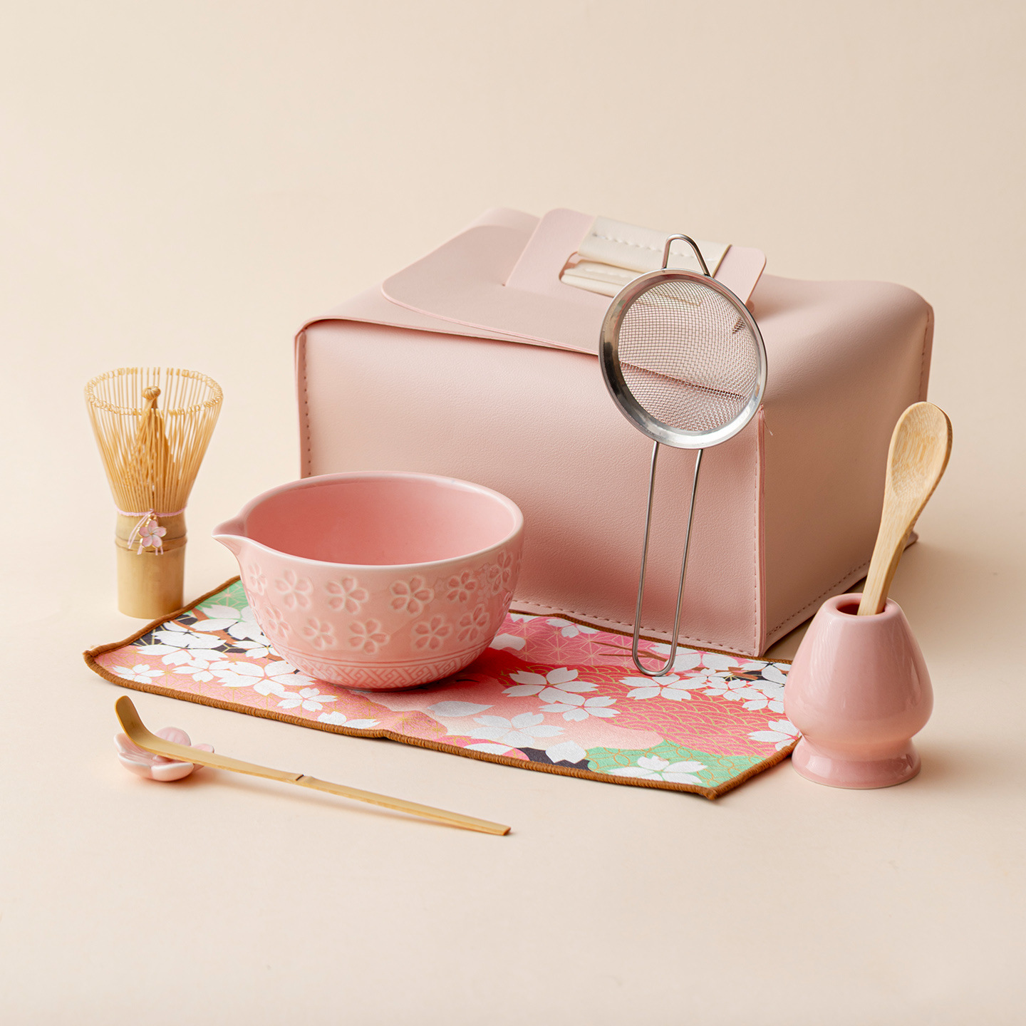 Pink Gradient & Sakura Ceramic Matcha Bowls - 4 to 8 Piece Sets in Elegant Leather Cases
