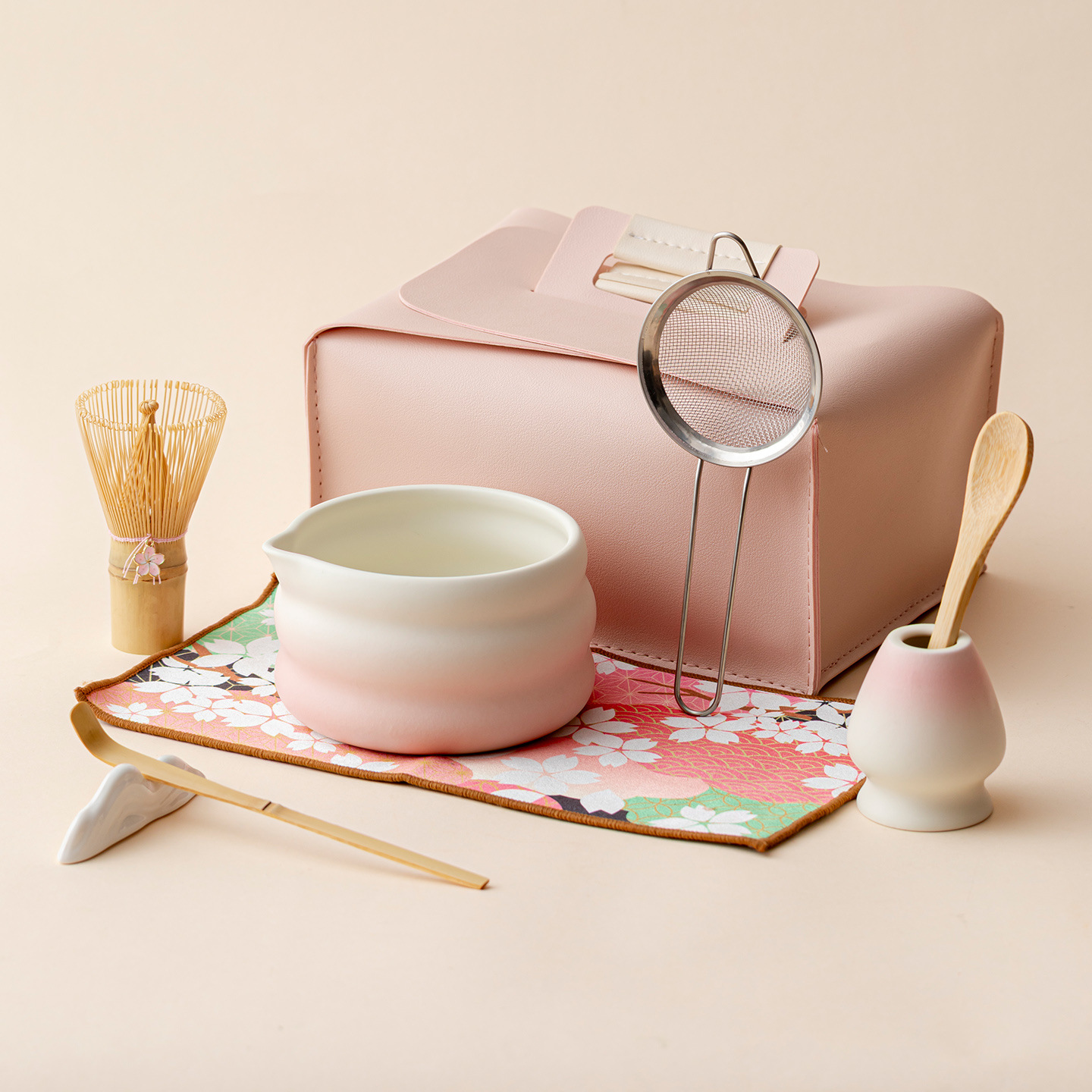 Pink Gradient & Sakura Ceramic Matcha Bowls - 4 to 8 Piece Sets in Elegant Leather Cases