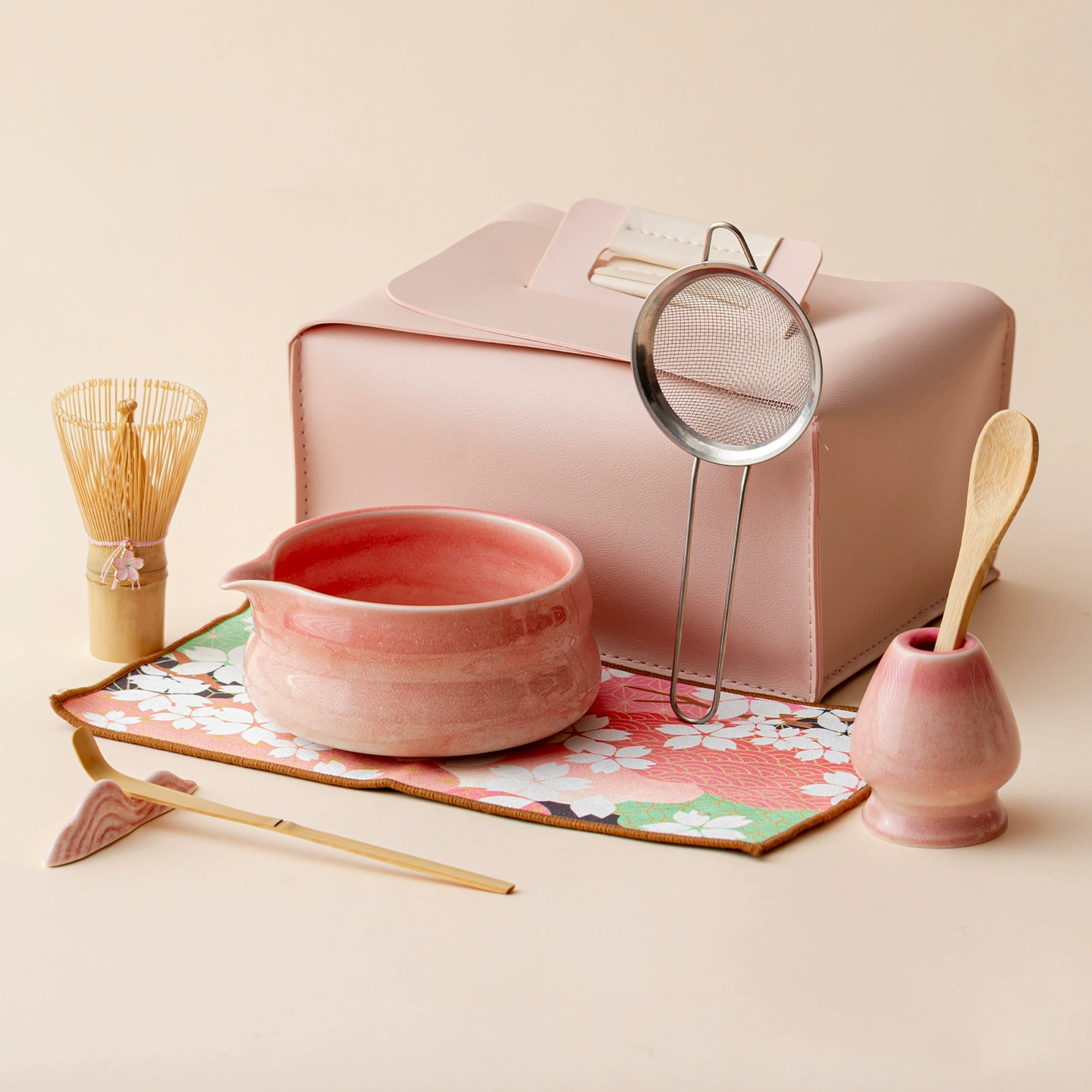 Pink Gradient & Sakura Ceramic Matcha Bowls - 4 to 8 Piece Sets in Elegant Leather Cases