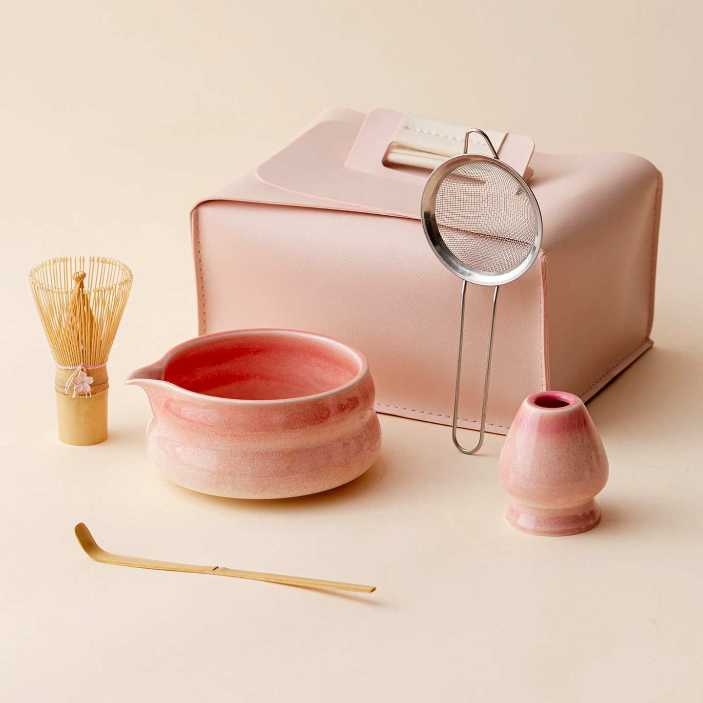 Pink Gradient & Sakura Ceramic Matcha Bowls - 4 to 8 Piece Sets in Elegant Leather Cases