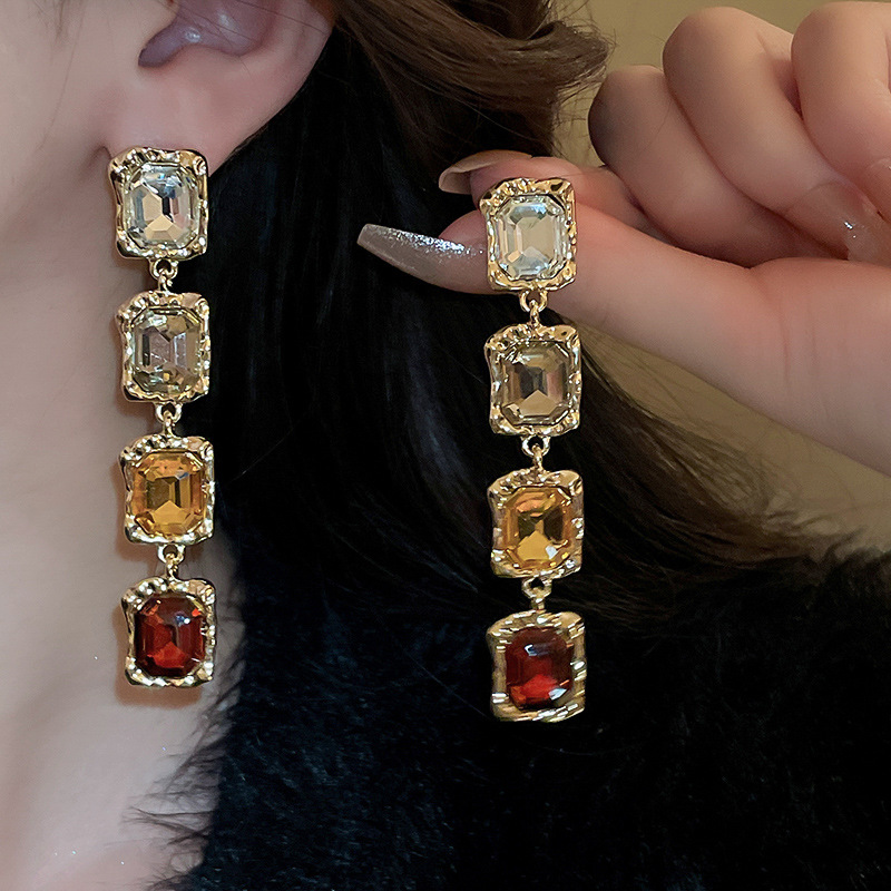 Rainbow Rhinestone Necklace & Earring Set - Gold Plated Multi-Color Drop Jewelry with Crystal Accents