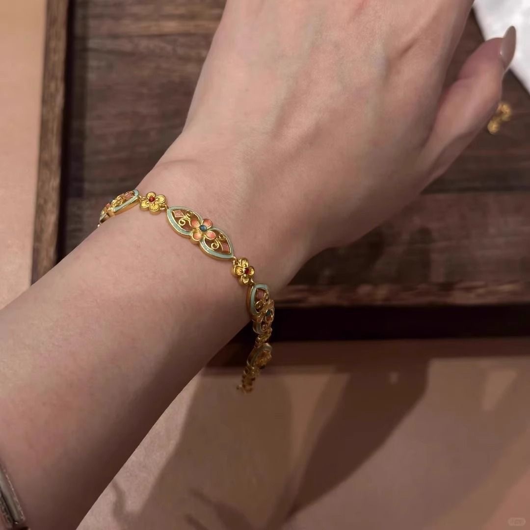 Vintage Enamel Flower Bracelet - Gold Plated Chain with Colorful Gemstone Links & Floral Accents