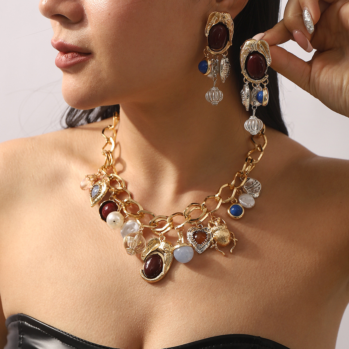 Eclectic Charm Necklace & Earring Set - Gold Plated Multi-Pendant Jewelry with Resin Accents