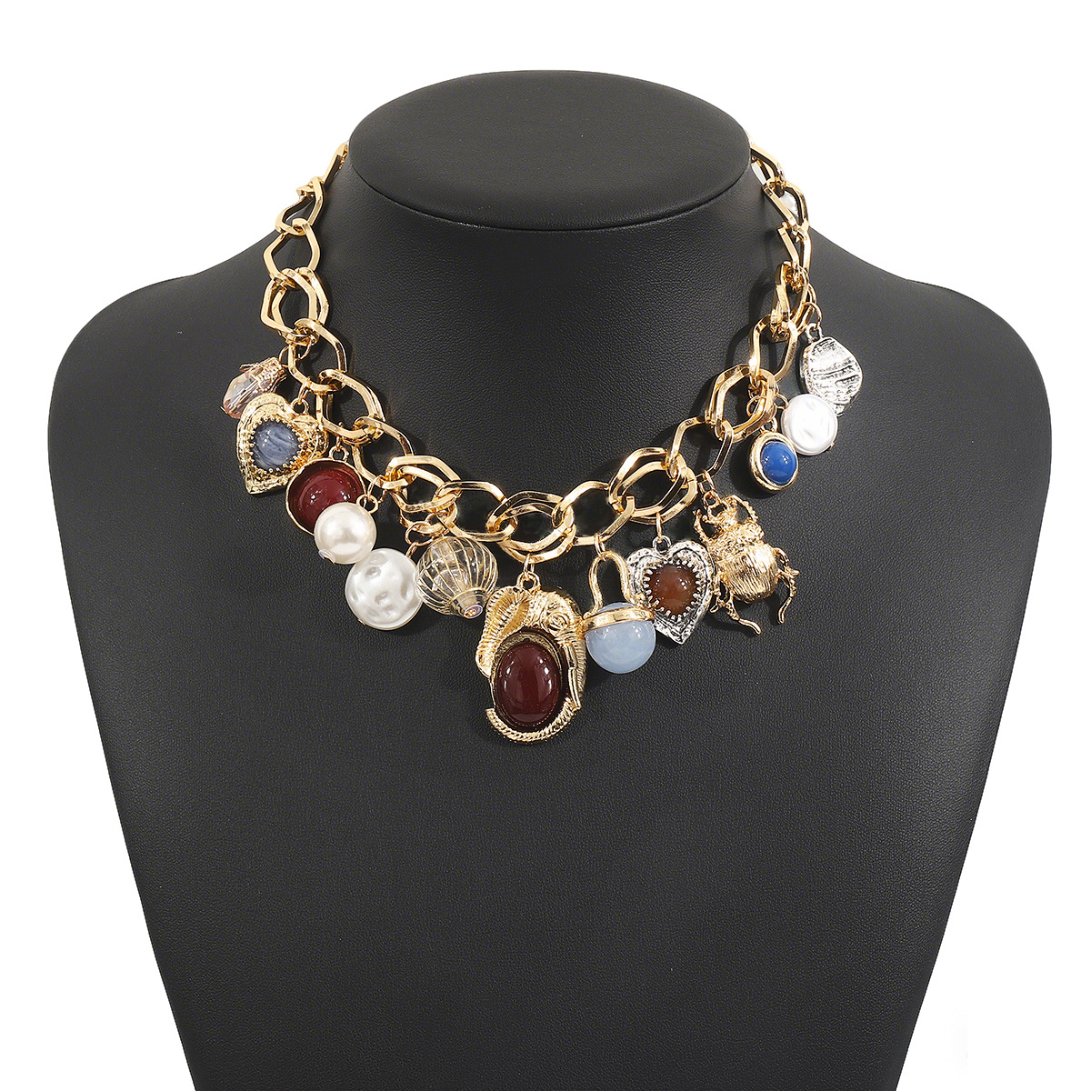 Eclectic Charm Necklace & Earring Set - Gold Plated Multi-Pendant Jewelry with Resin Accents