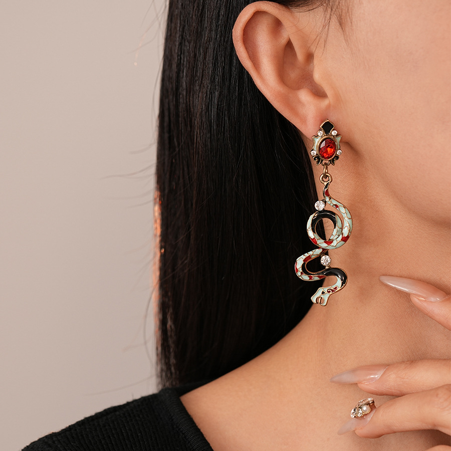 Mystic Enamel Snake Earrings - Gold Plated Dangle with Crystal Eyes & Vibrant Scale Design