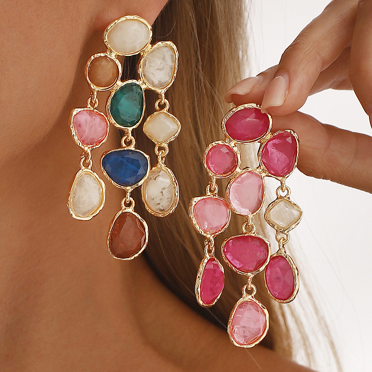 Colorful Resin Drop Earrings - Gold Plated Chandelier with Multi-Tone Gem Accents