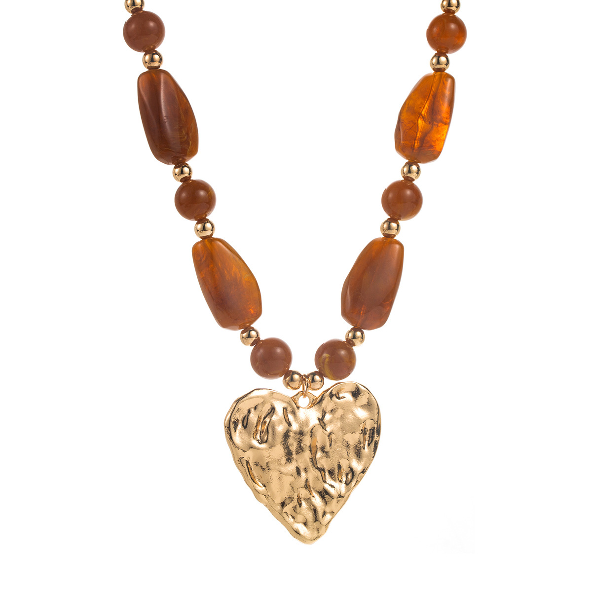 Textured Heart Pendant Necklace - Gold Plated Resin Bead Chain with Multi-Tone Drops