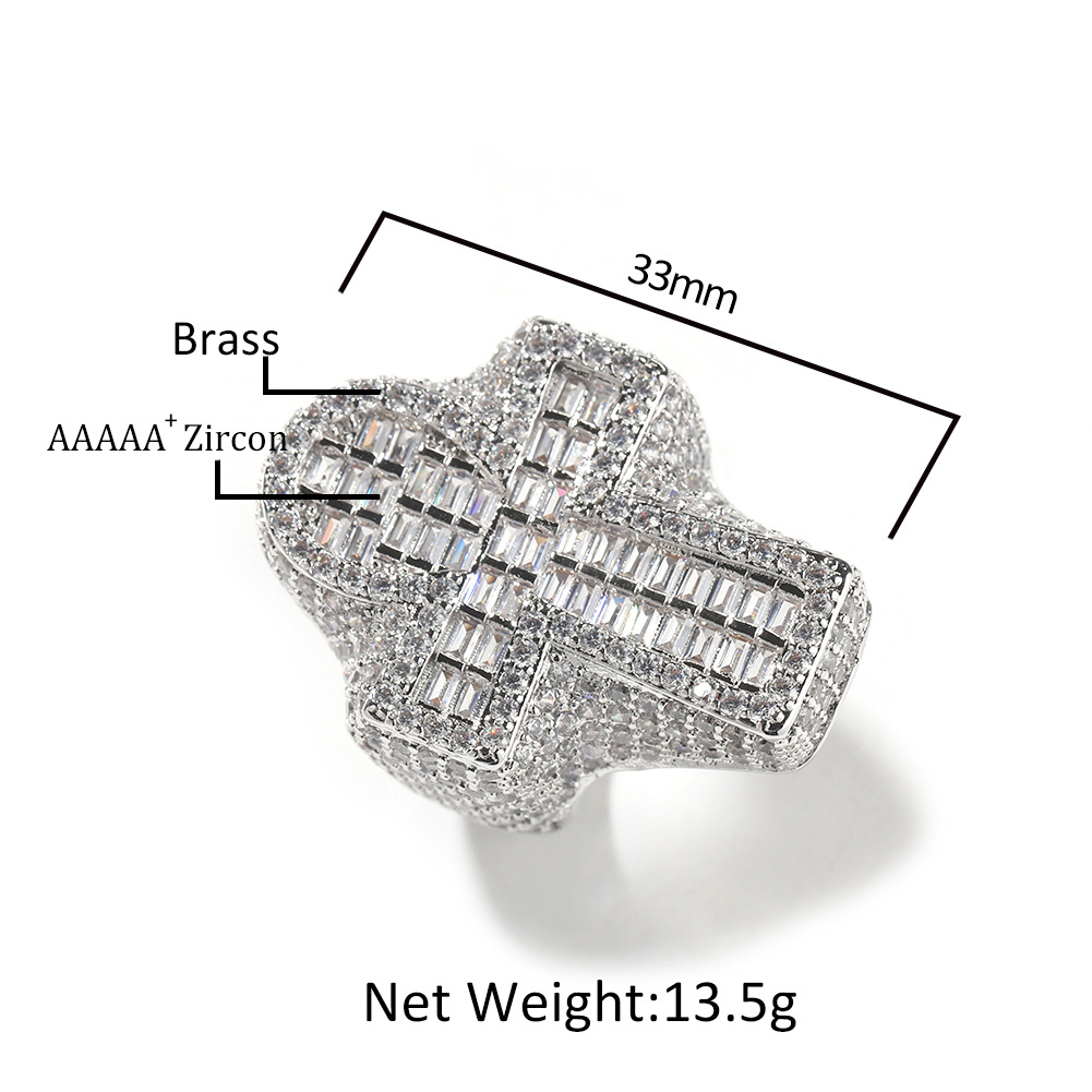 Diamond-Encrusted Cross Ring - Gold/Silver Plated Statement Piece with Sparkling Baguette Accents