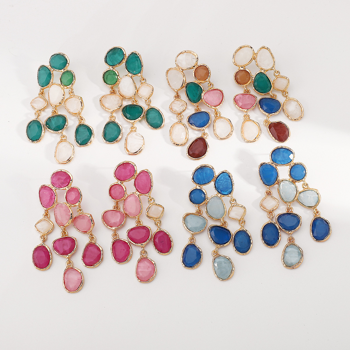 Colorful Resin Drop Earrings - Gold Plated Chandelier with Multi-Tone Gem Accents