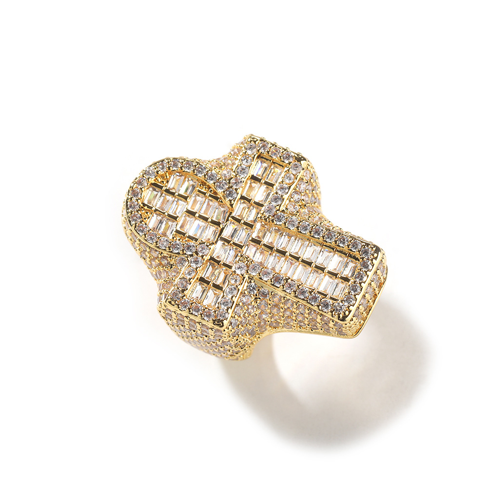 Diamond-Encrusted Cross Ring - Gold/Silver Plated Statement Piece with Sparkling Baguette Accents