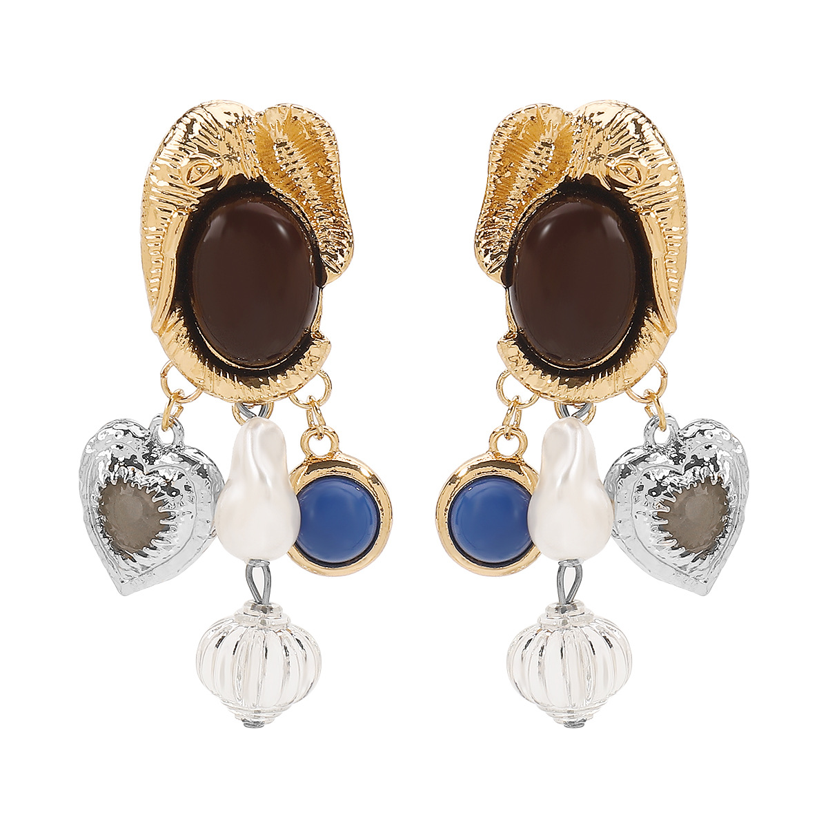 Eclectic Charm Necklace & Earring Set - Gold Plated Multi-Pendant Jewelry with Resin Accents