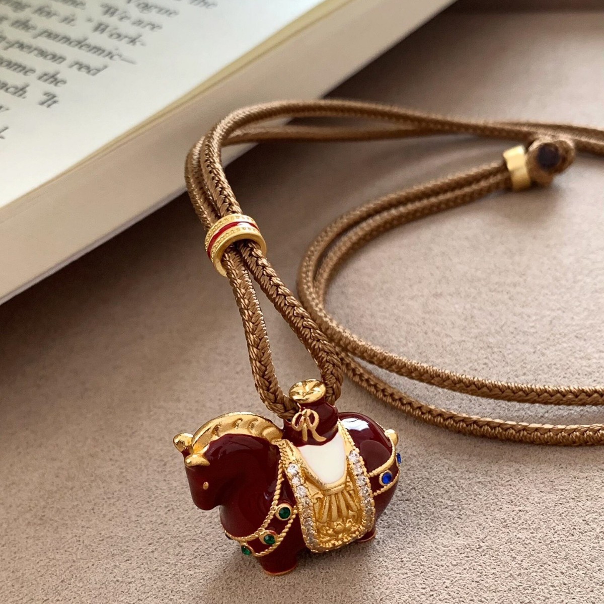 Luxury Red Enamel Horse Pendant Necklace - Gold Plated Charm with Rhinestone Saddle & Adjustable Brown Cord