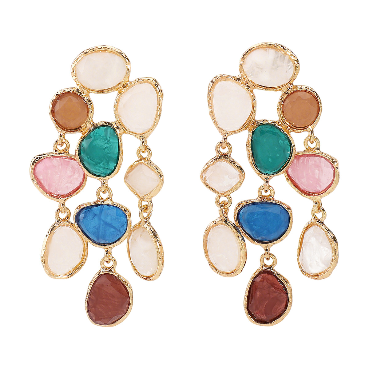 Colorful Resin Drop Earrings - Gold Plated Chandelier with Multi-Tone Gem Accents