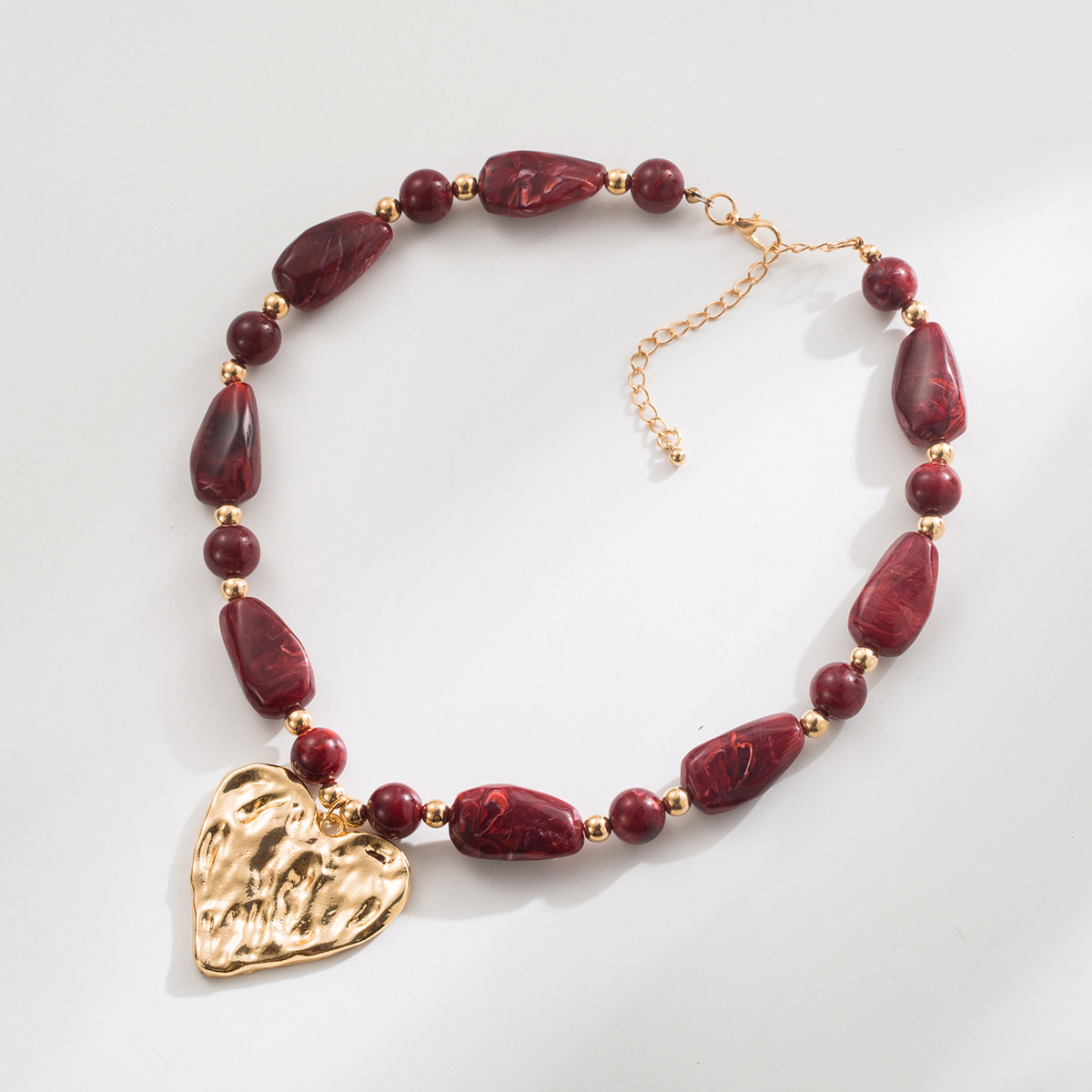 Textured Heart Pendant Necklace - Gold Plated Resin Bead Chain with Multi-Tone Drops