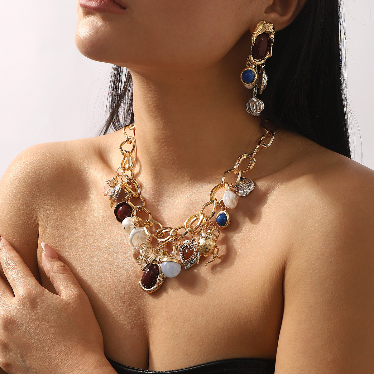 Eclectic Charm Necklace & Earring Set - Gold Plated Multi-Pendant Jewelry with Resin Accents