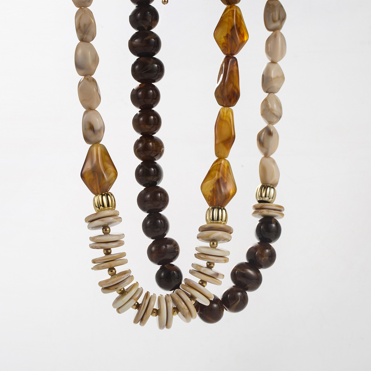 Bohemian Resin Beaded Necklace - Gold Accented Choker with Natural Earth Tones