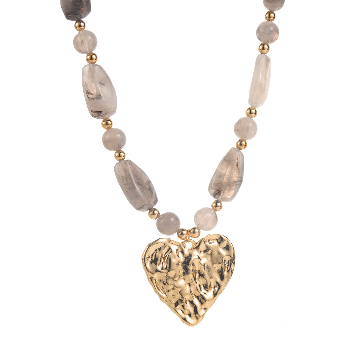 Textured Heart Pendant Necklace - Gold Plated Resin Bead Chain with Multi-Tone Drops