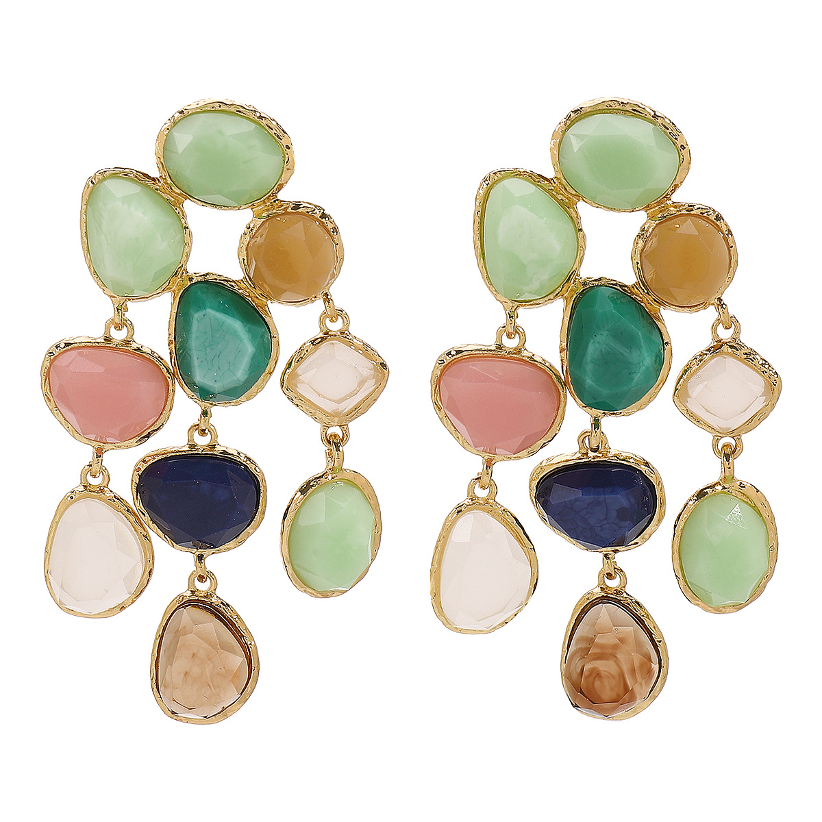 Colorful Resin Drop Earrings - Gold Plated Chandelier with Multi-Tone Gem Accents
