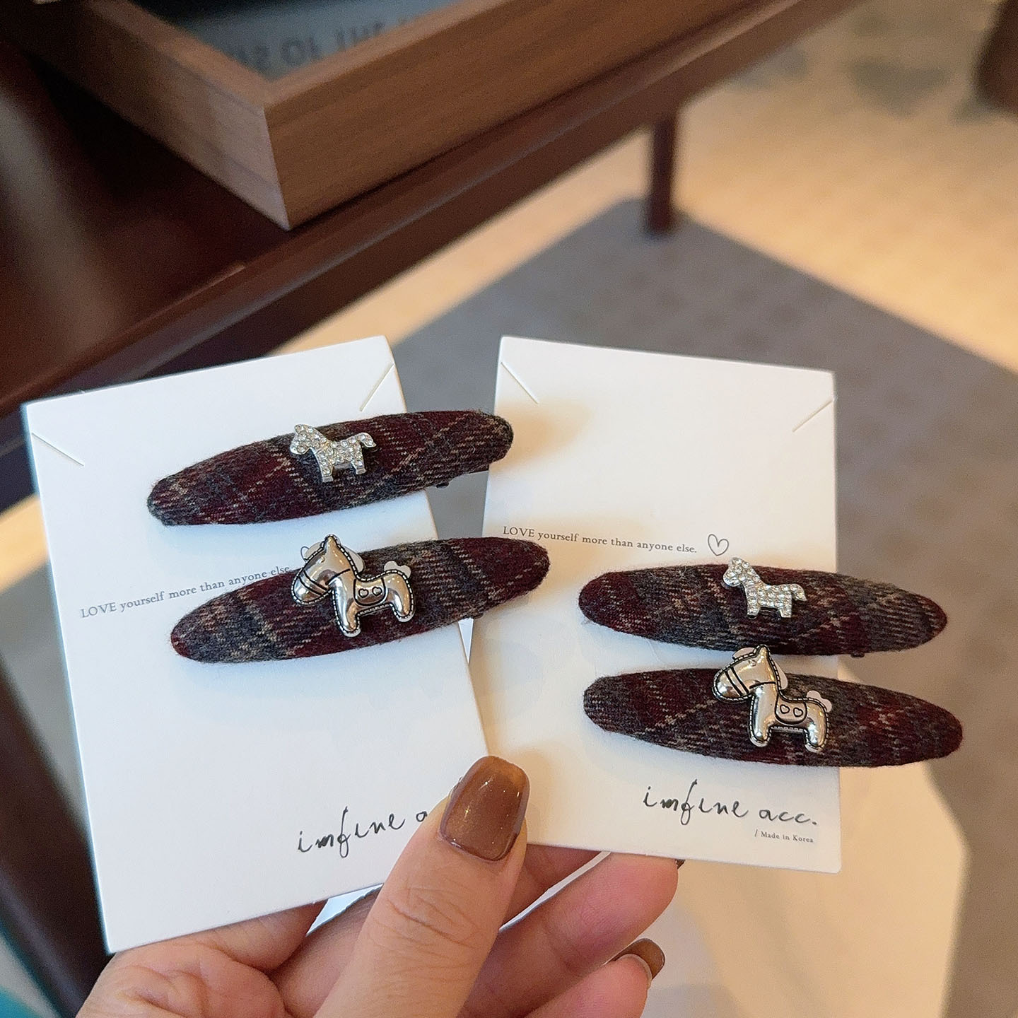 R-Vintage Plaid Hair Clips Set - Wool Fabric Barrettes with Silver Horse Charm Accents