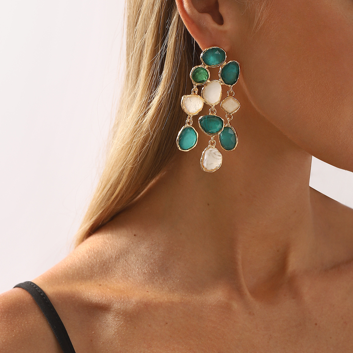 Colorful Resin Drop Earrings - Gold Plated Chandelier with Multi-Tone Gem Accents