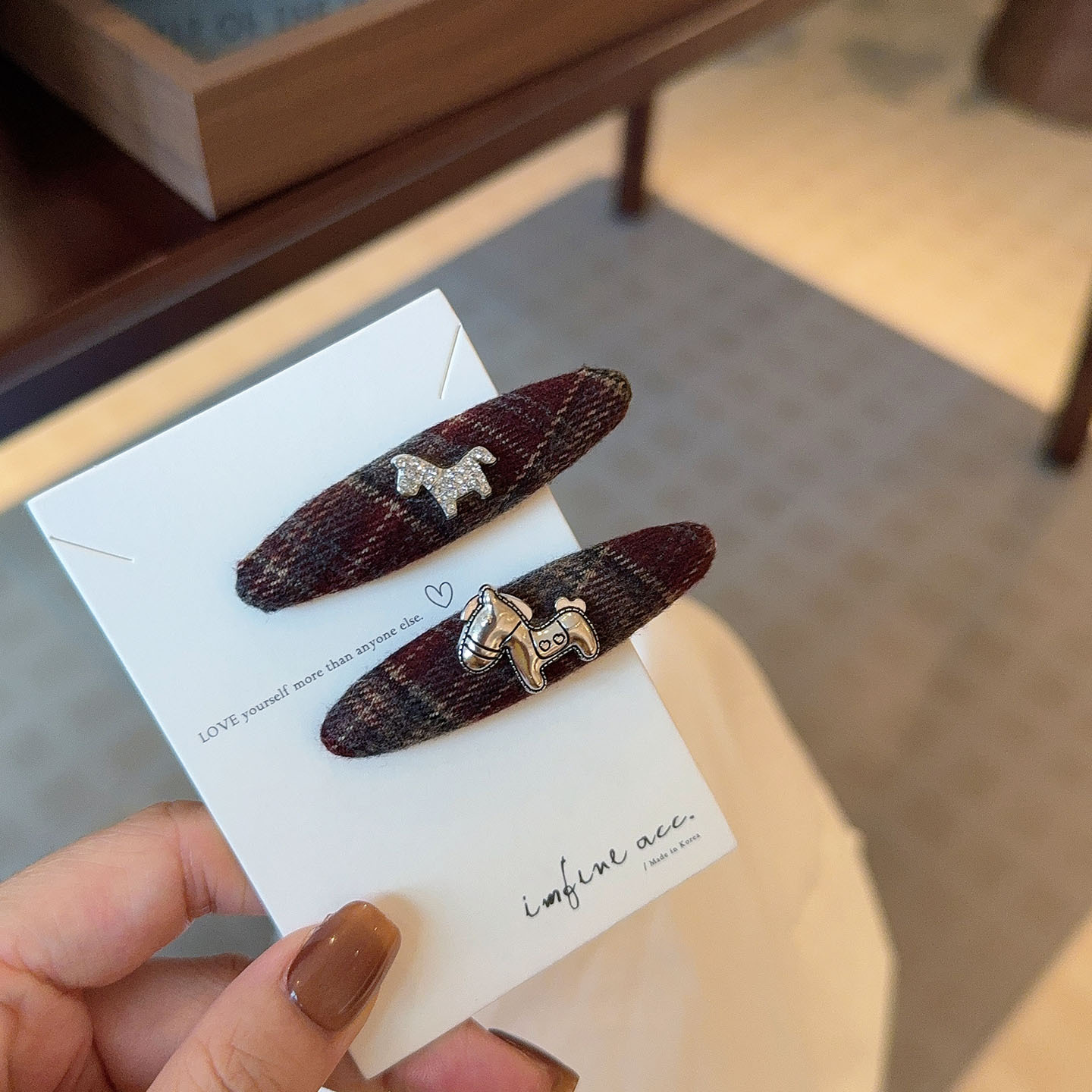 R-Vintage Plaid Hair Clips Set - Wool Fabric Barrettes with Silver Horse Charm Accents