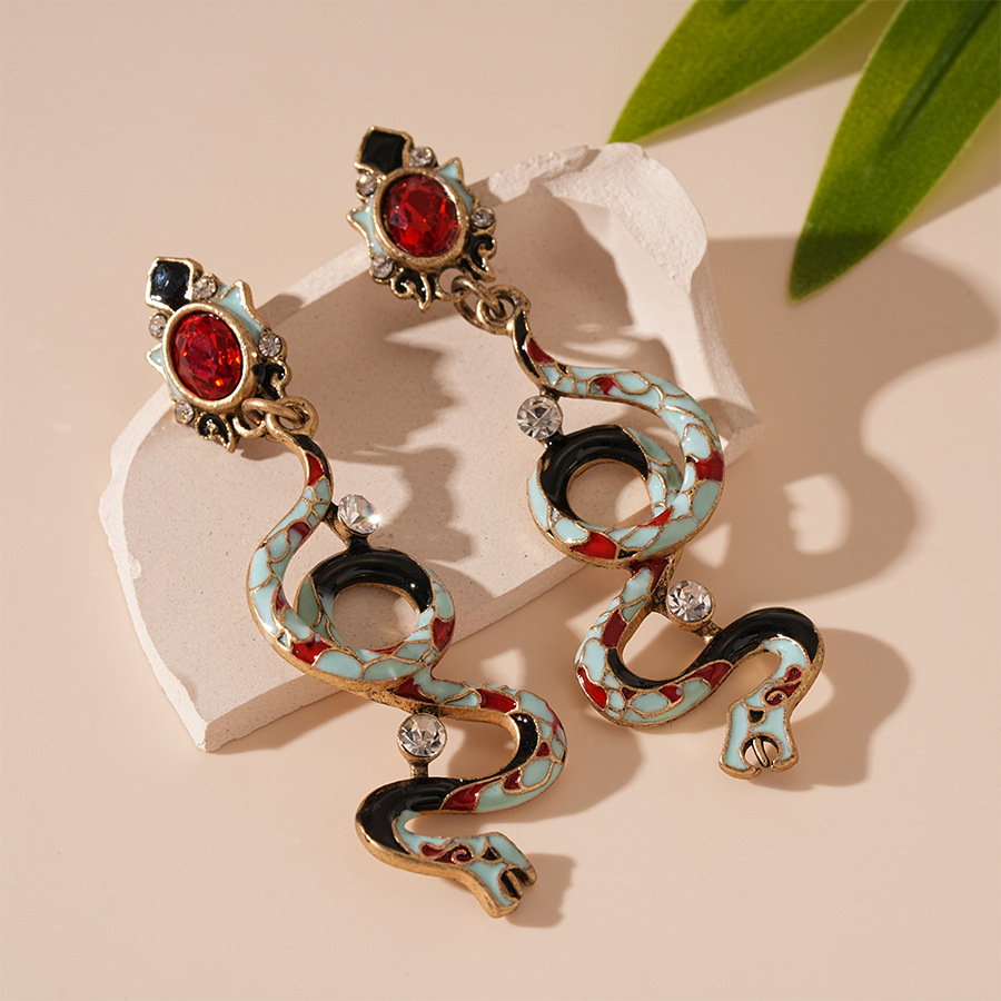 Mystic Enamel Snake Earrings - Gold Plated Dangle with Crystal Eyes & Vibrant Scale Design
