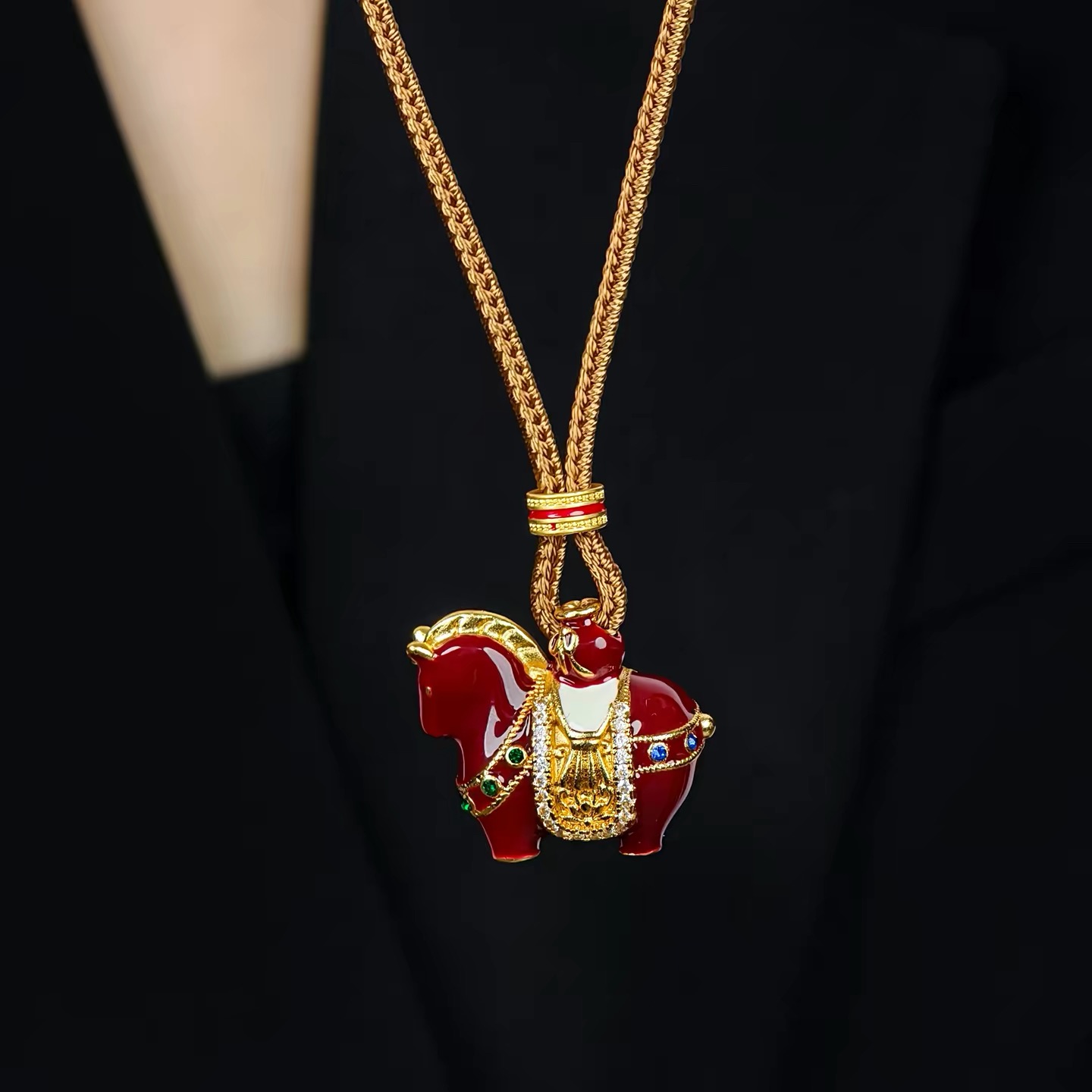 Luxury Red Enamel Horse Pendant Necklace - Gold Plated Charm with Rhinestone Saddle & Adjustable Brown Cord