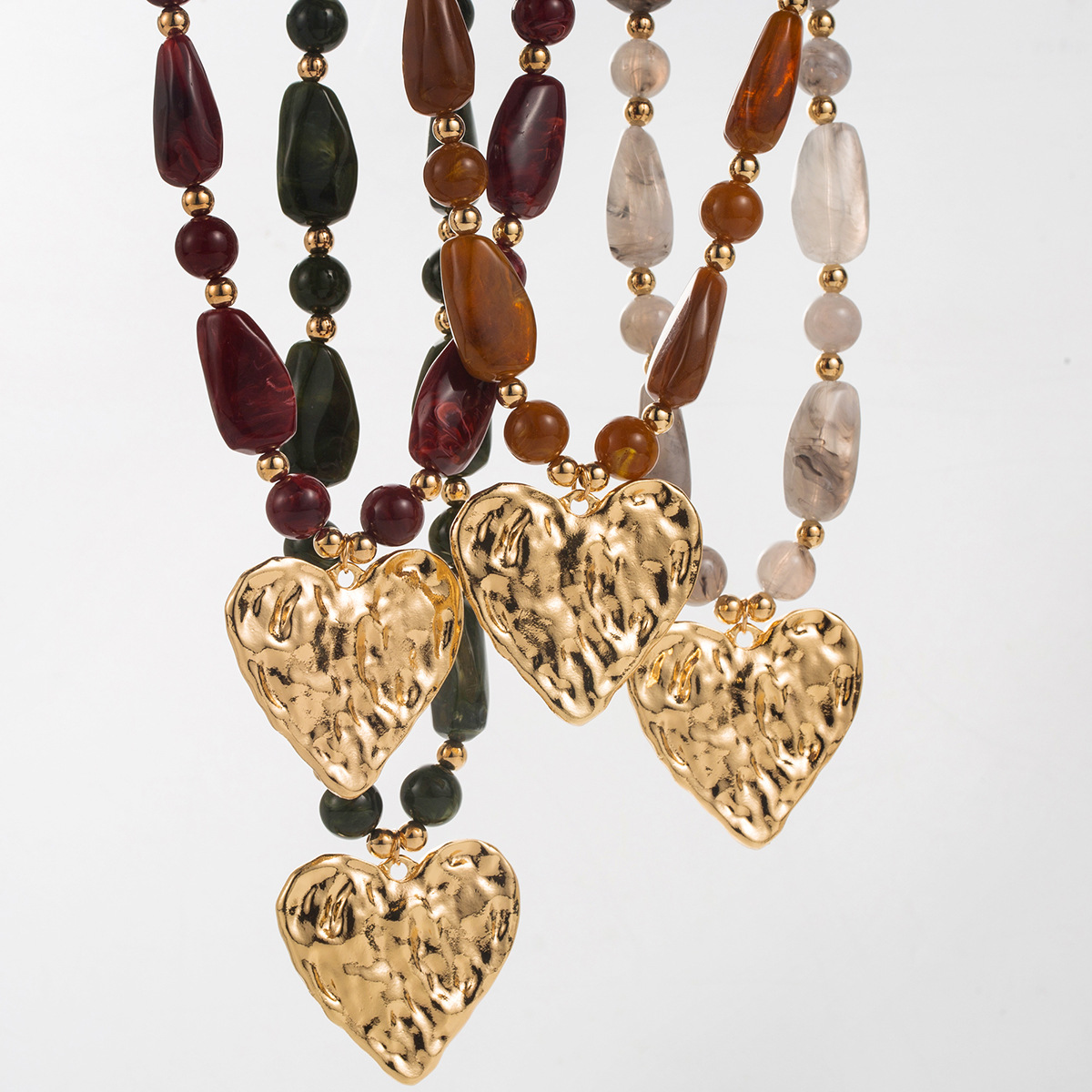 Textured Heart Pendant Necklace - Gold Plated Resin Bead Chain with Multi-Tone Drops