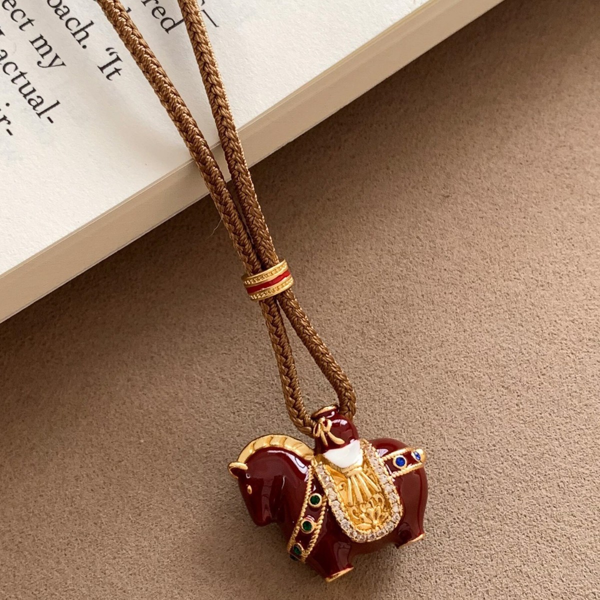 Luxury Red Enamel Horse Pendant Necklace - Gold Plated Charm with Rhinestone Saddle & Adjustable Brown Cord