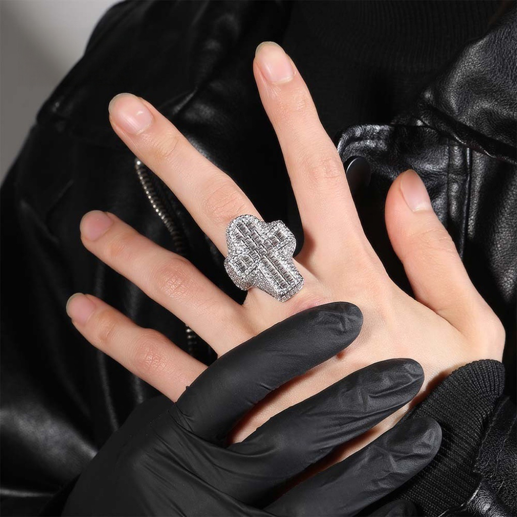 Diamond-Encrusted Cross Ring - Gold/Silver Plated Statement Piece with Sparkling Baguette Accents